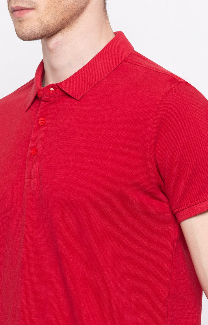 Spykar Red Solid Slim Fit Polo T-Shirt