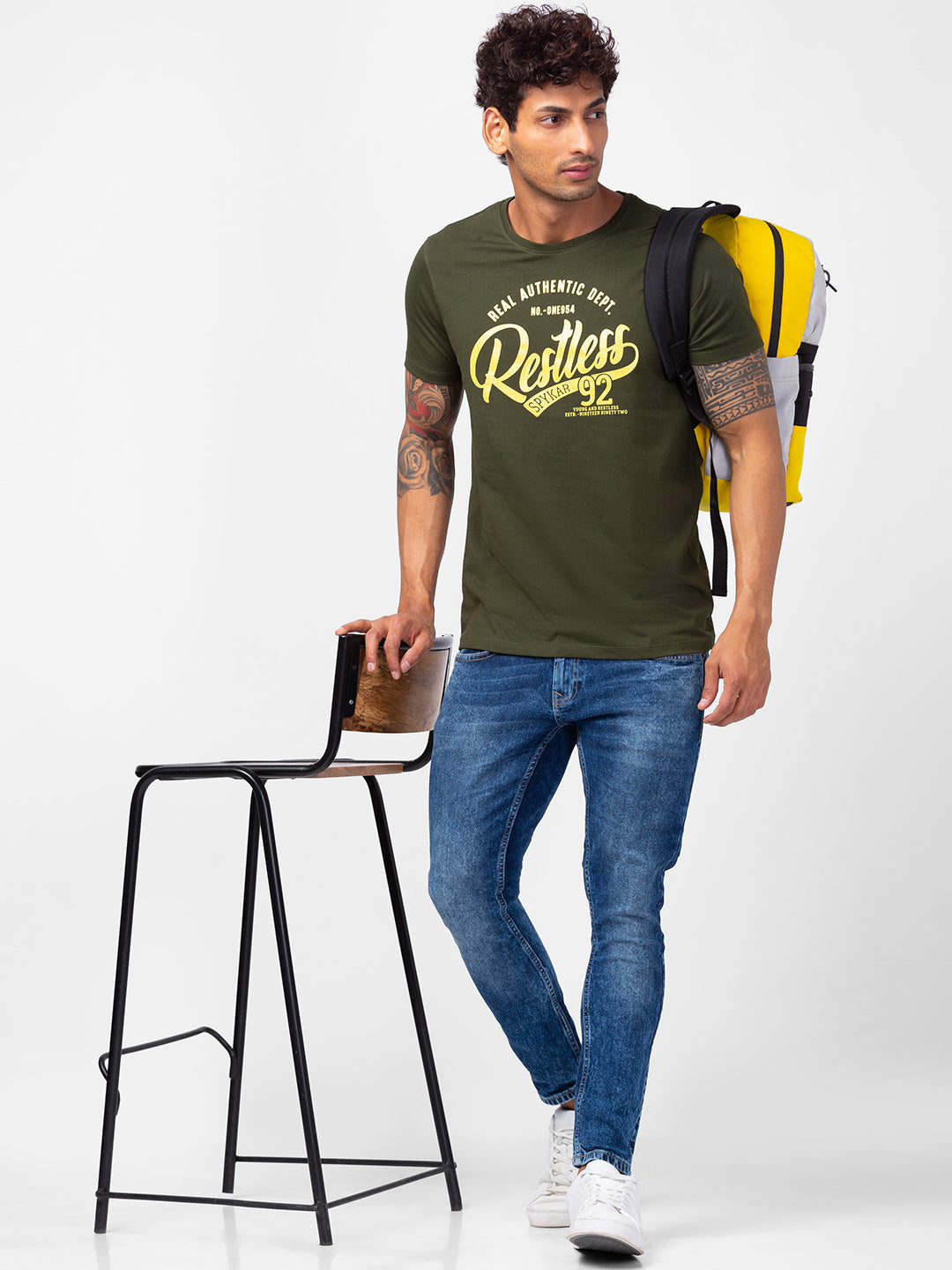 Spykar Men Olive Green Cotton Slim Fit Round Neck Printed T-Shirt