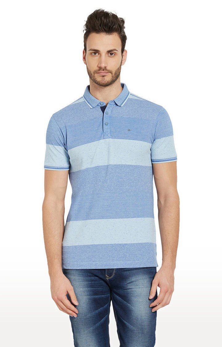 Spykar Blue Striped Slim Fit Polo T-Shirt