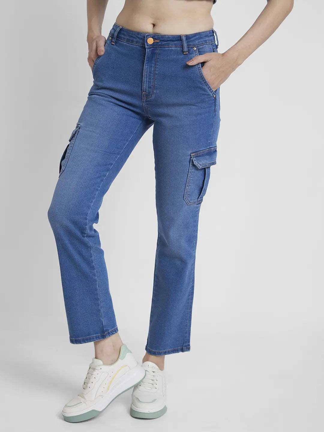 Spykar Women Mid Blue Lycra Slim Straight Fit Ankle Length Clean Look Jeans -(Emma)