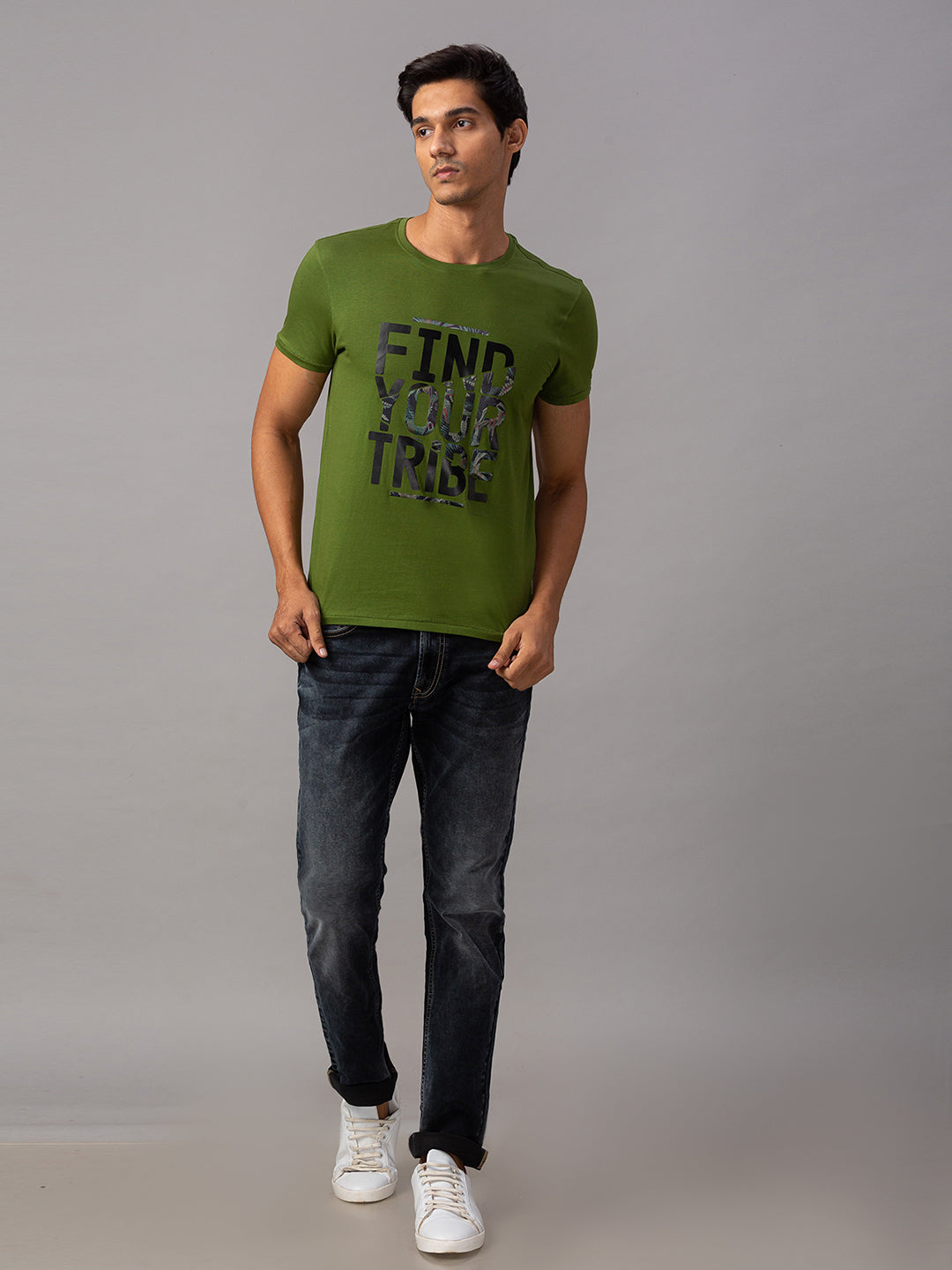 Spykar Men Green Cotton Slim Fit Round Neck T-Shirt