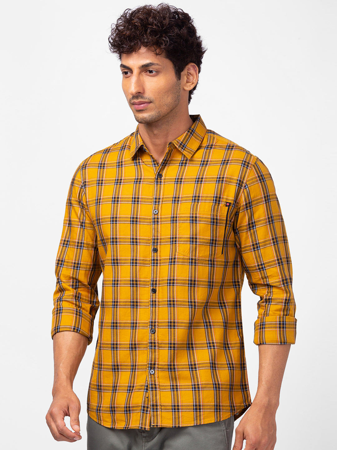 Spykar Men Golden Khaki Cotton Regular Fit Checkered Shirts