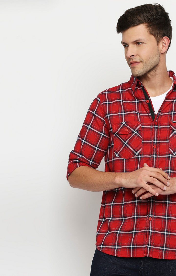 Spykar Men Red Slim Fit Full Sleeve Checkered Shirt