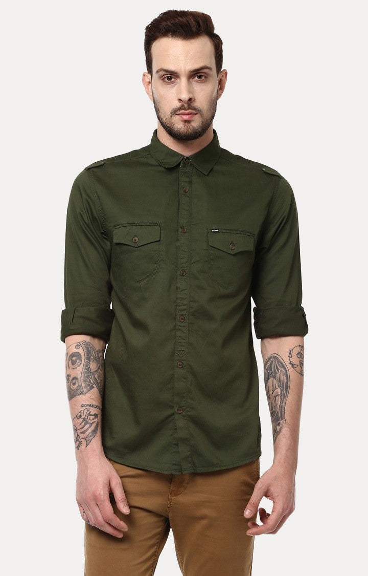 Spykar Men'S Green Cotton Solid Casual Shirts