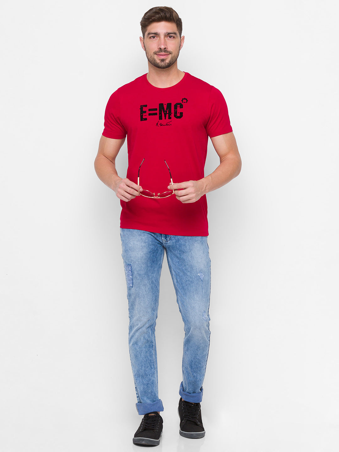 Albert Einstein Spykar Men Red Cotton Slim Fit Round Neck T-Shirt