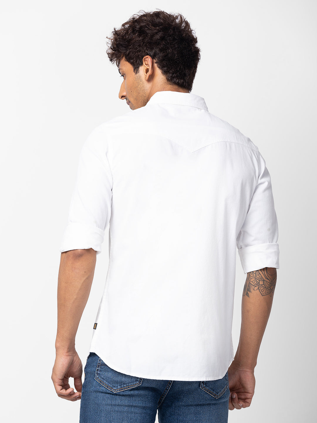 Spykar Men White Cotton Slim Fit Plain Shirt