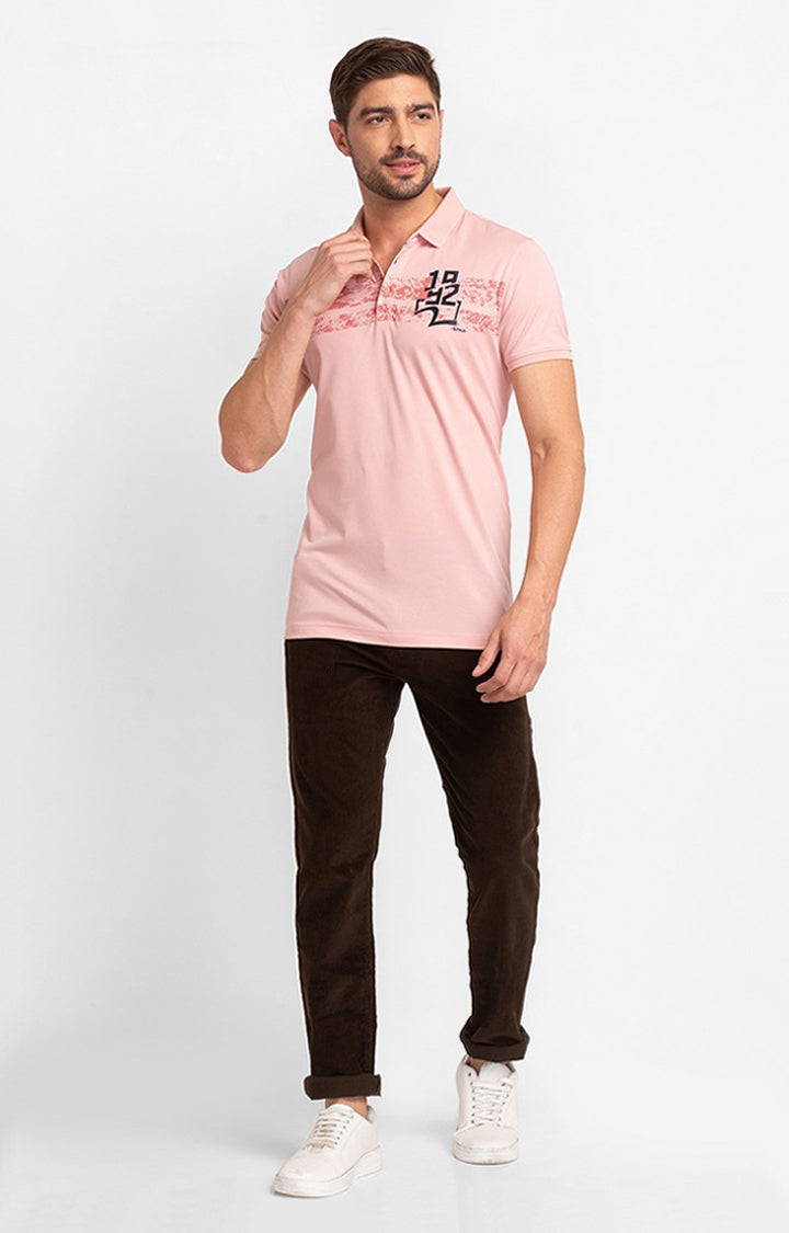 Spykar Dusty Pink Cotton Half Sleeve Printed Casual Polo T-Shirt For Men