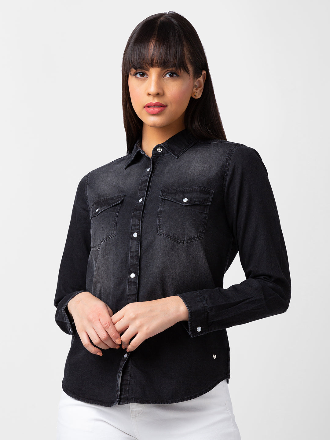 Spykar Women Black Cotton Regular Fit Denim Shirts