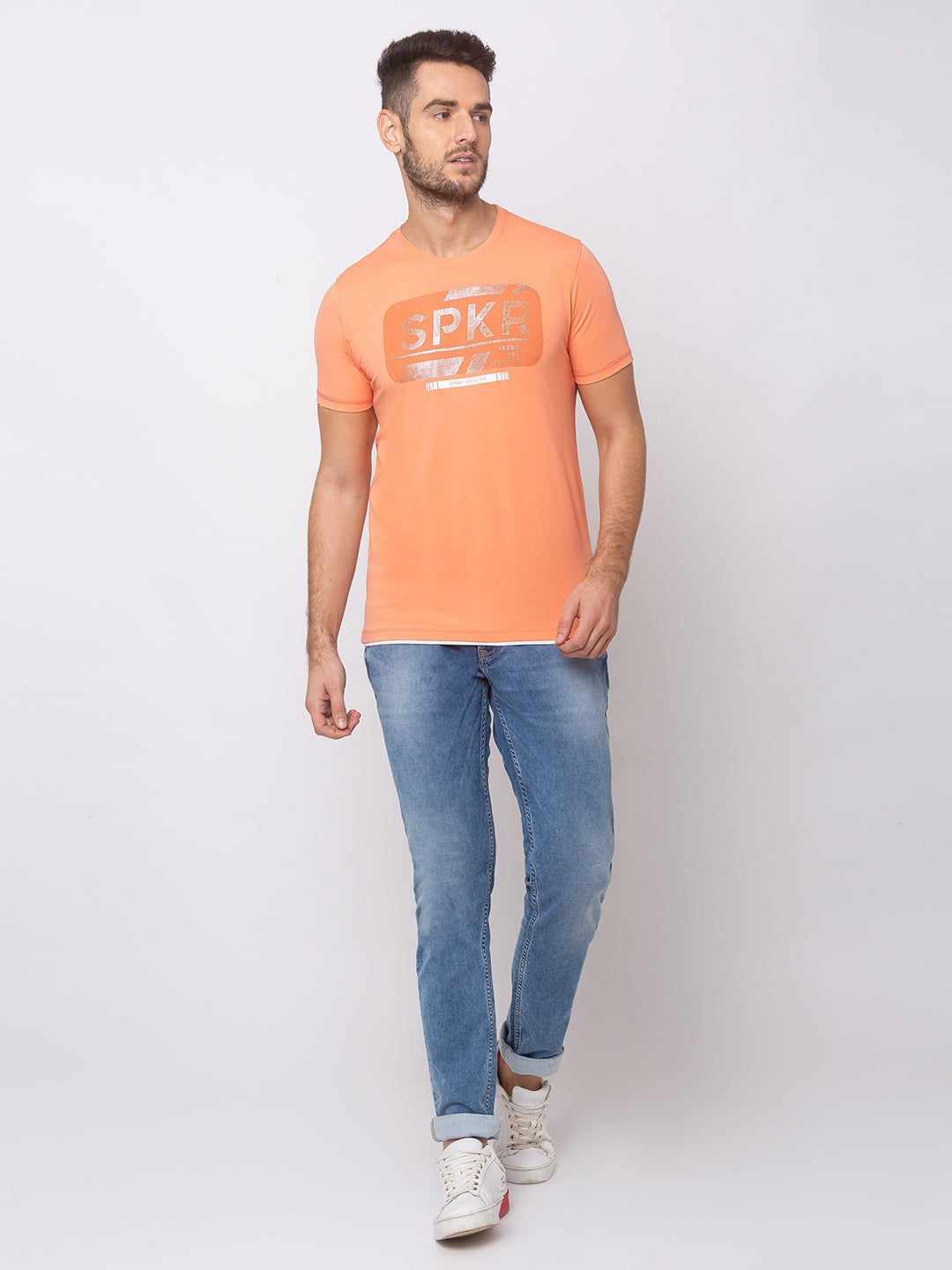 Spykar Men Pink Cotton Slim Fit Round Neck T-Shirt