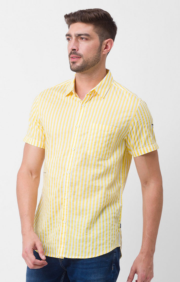 Spykar Butter Yellow Cotton Half Sleeve Stripes Shirt For Men