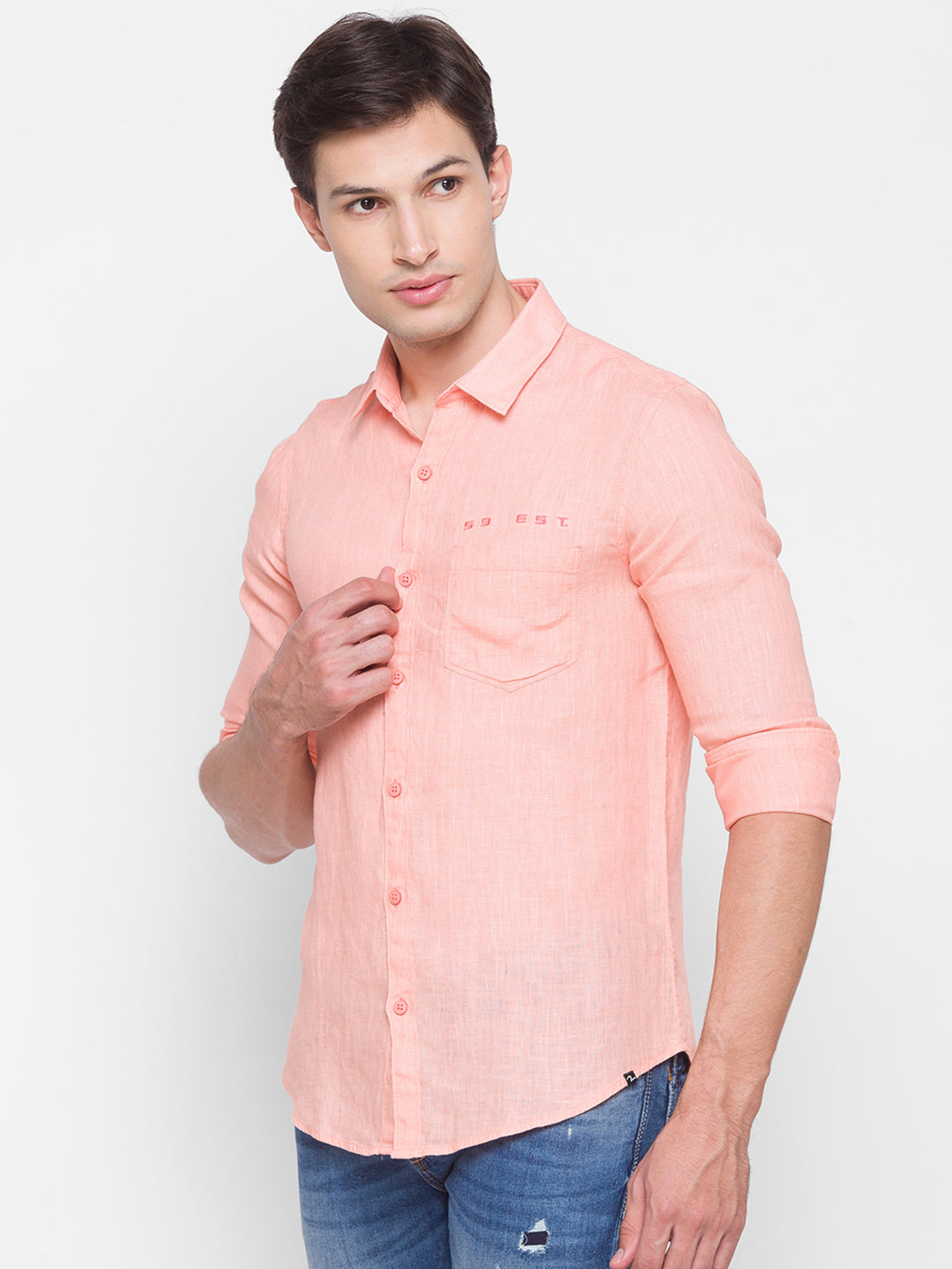 Spykar Slim Fit Orange Cotton Men Shirt