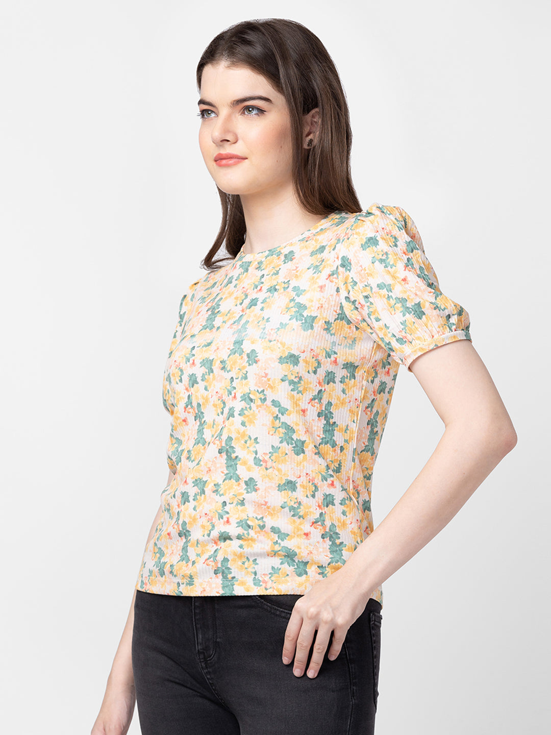 Spykar Women Yellow Cotton Slim Fit Floral T-Shirt