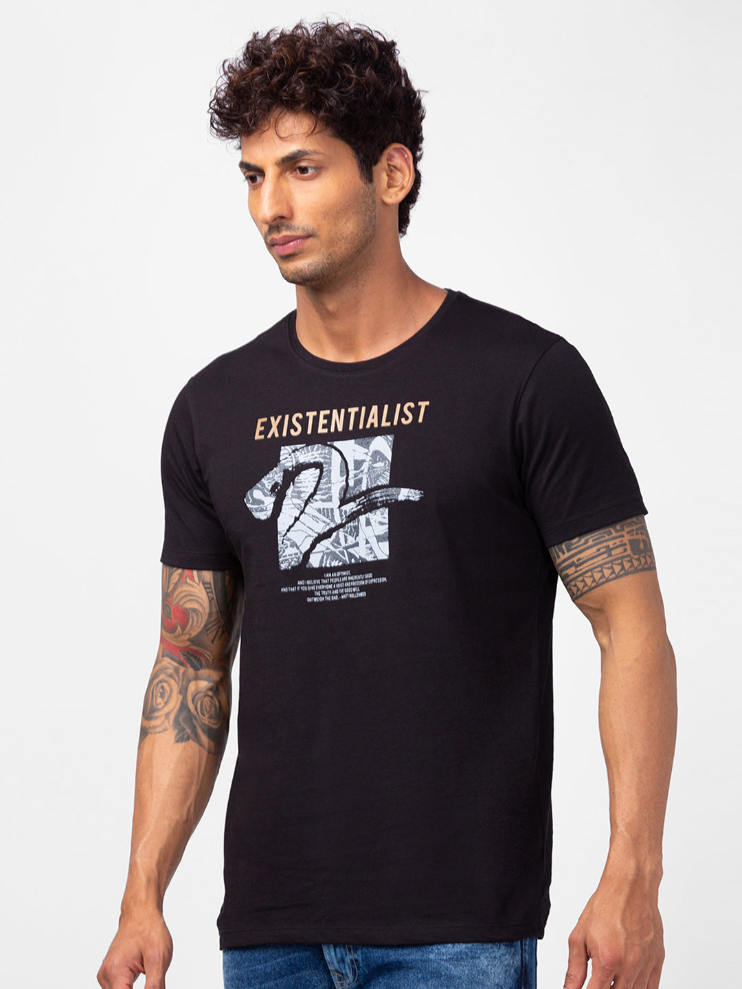 Spykar Men Black Cotton Slim Fit Round Neck Printed T-Shirt