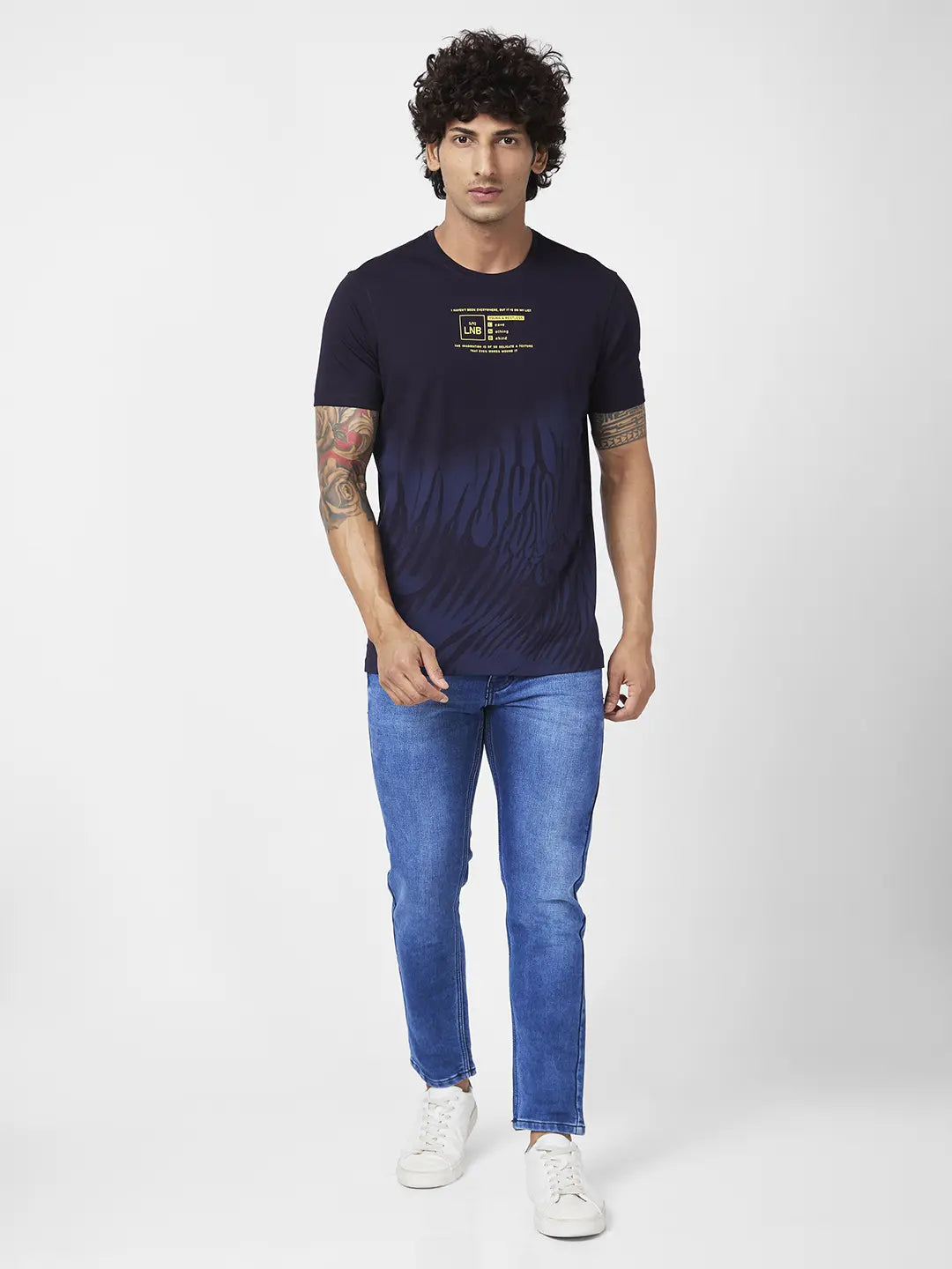 Spykar Men Navy Blue Blended Slim Fit Half Sleeve Round Neck Casual Printed Tshirt
