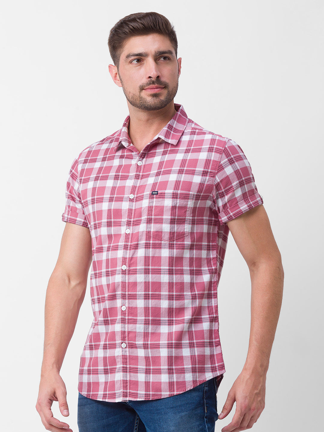 Spykar Mauve Pink Cotton Half Sleeve Checks Shirt For Men