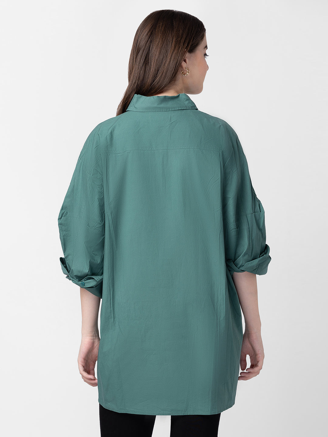 Spykar Women Deep Green Cotton Regular Fit Plain Asymmetric Shirt