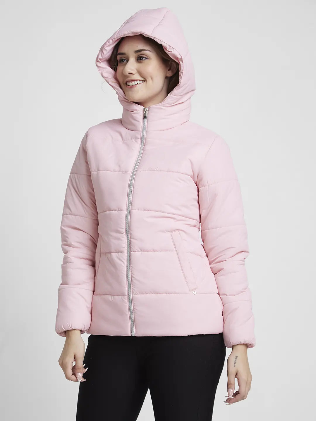 Spykar Women Baby Pink Regular Fit Hooded Plain Jacket