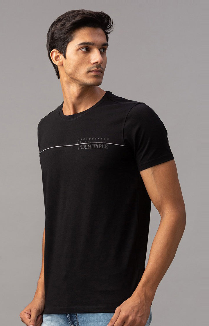 Spykar Men Black Cotton Slim Fit Round Neck Plain Tshirt