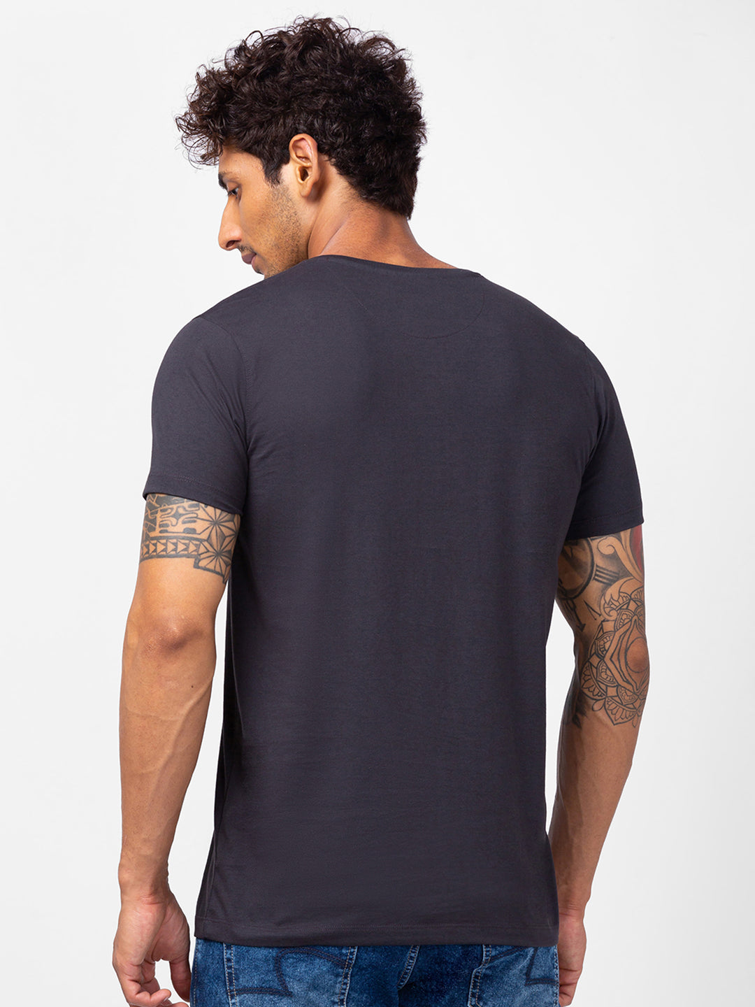 Spykar Men Slate Grey Cotton Slim Fit Henley Neck Plain T-Shirt