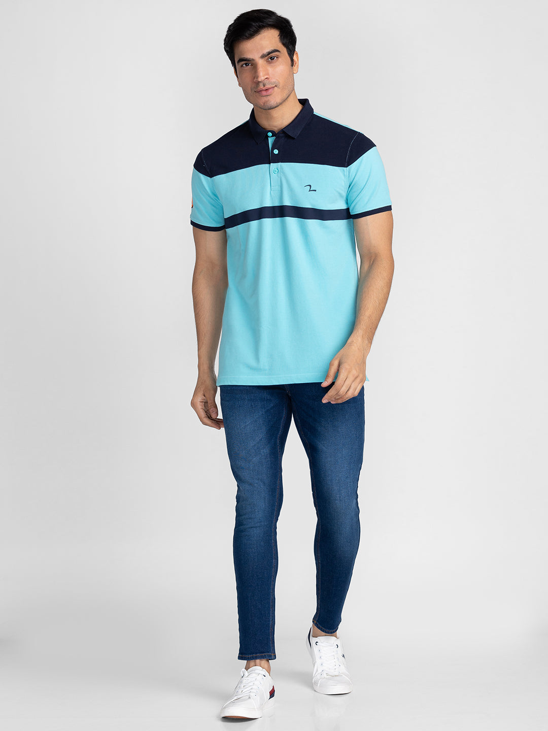 Spykar Men Cool Blue Cotton Slim Fit Polo Printed T-Shirt