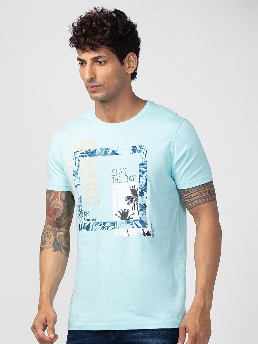 Spykar Men Bleached Aqua Cotton Regular Fit Half Sleeve Printed T-Shirt