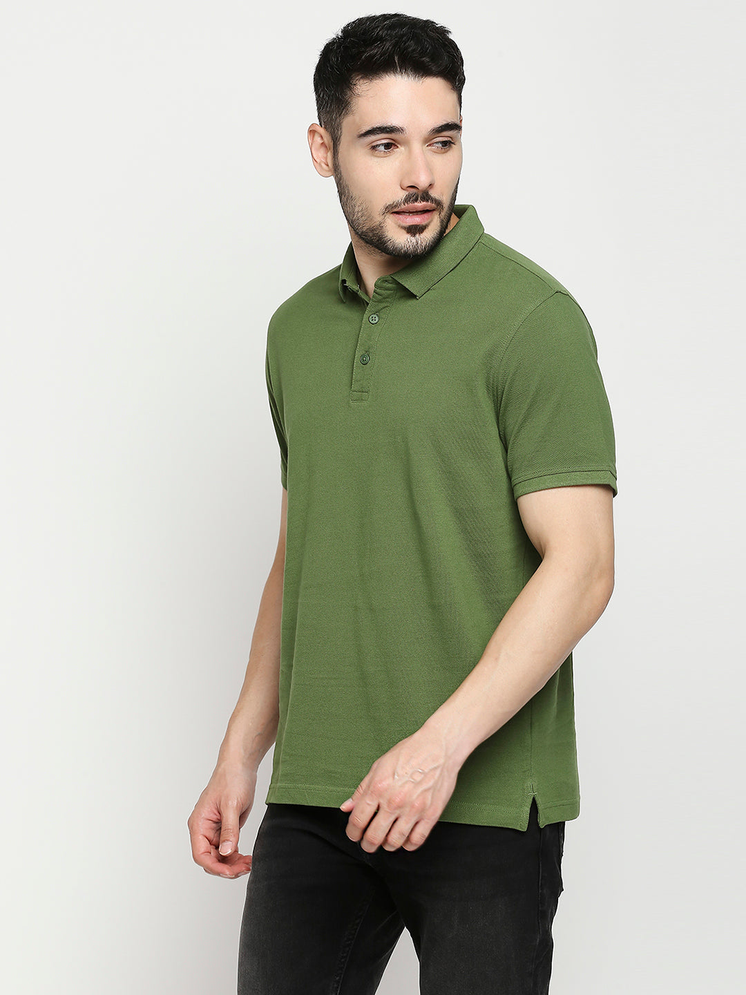 Spykar Cactus Green Cotton Half Sleeve Plain Polo Casual T-Shirts For Men