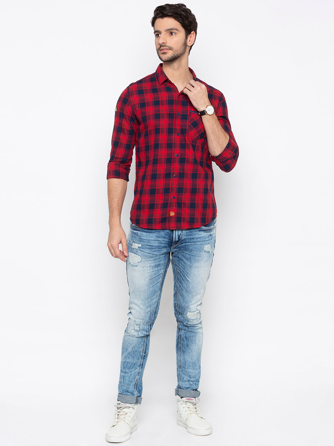 Spykar Men Red Checked Slim Fit Casual Shirt