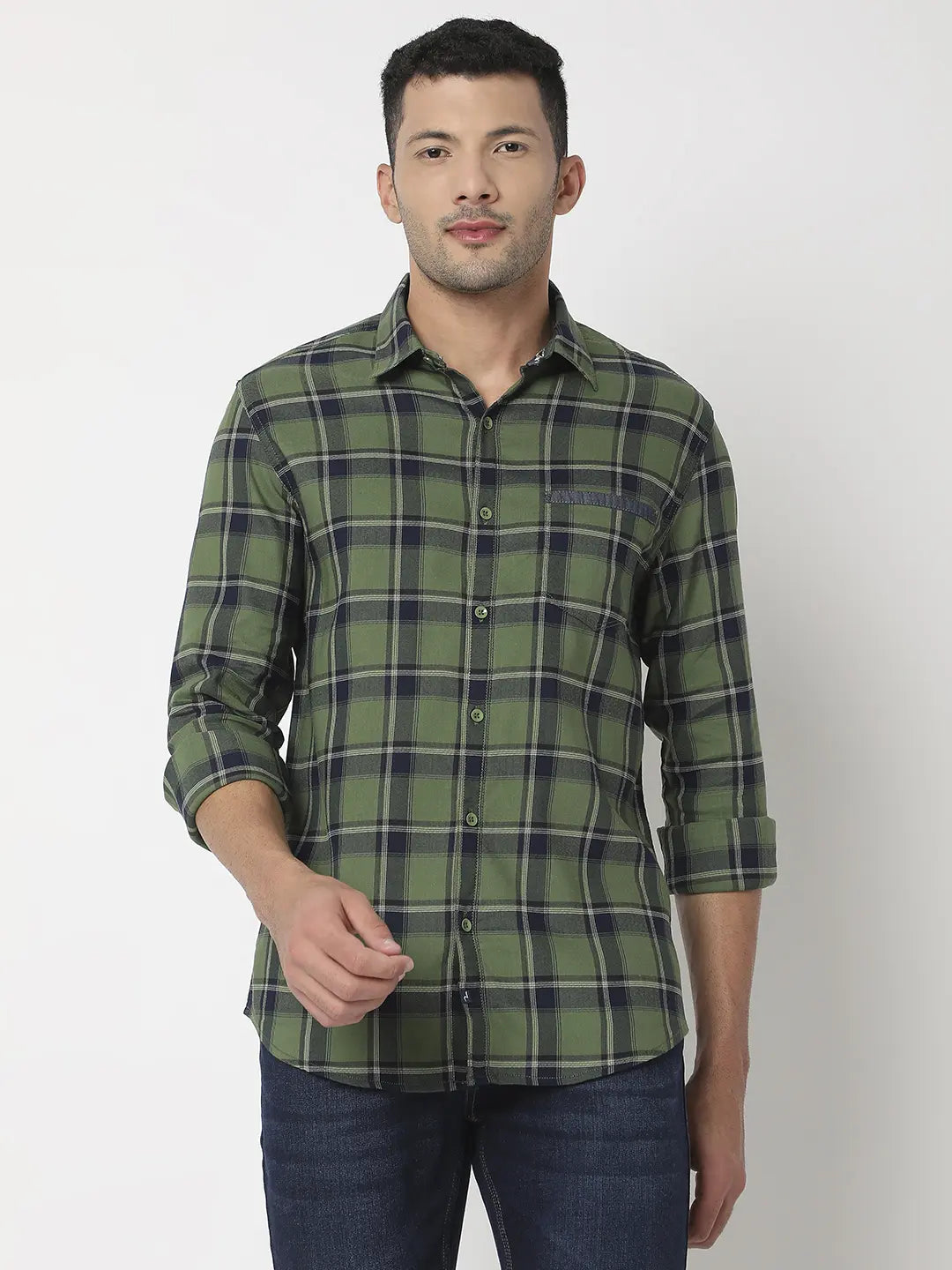 Spykar Men Olive Cotton Slim Fit Checkered Shirt