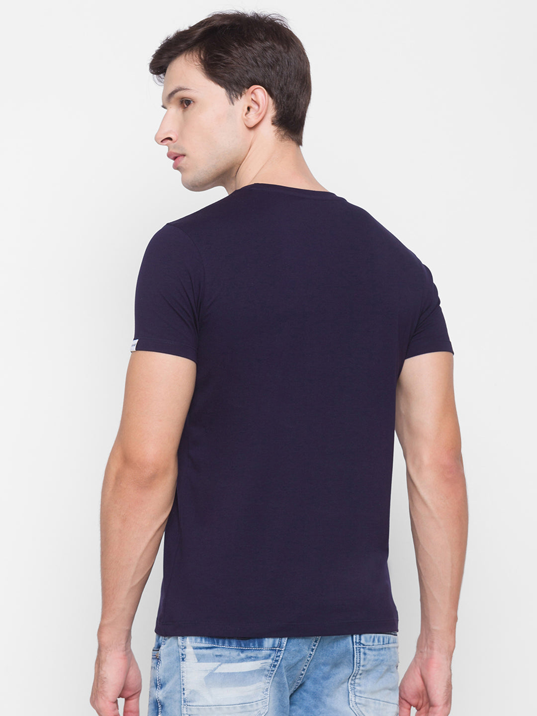 Spykar Men Blue Cotton Slim Fit Round Neck T-Shirt