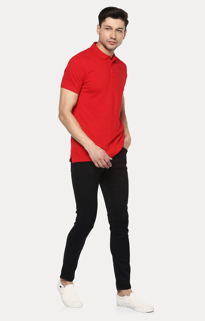 Spykar Red Solid Slim Fit Polo T-Shirt