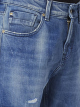 Spykar Men Mid Blue Cotton Slim Fit Narrow Length Mild Distressed Low Rise Jeans (Skinny)