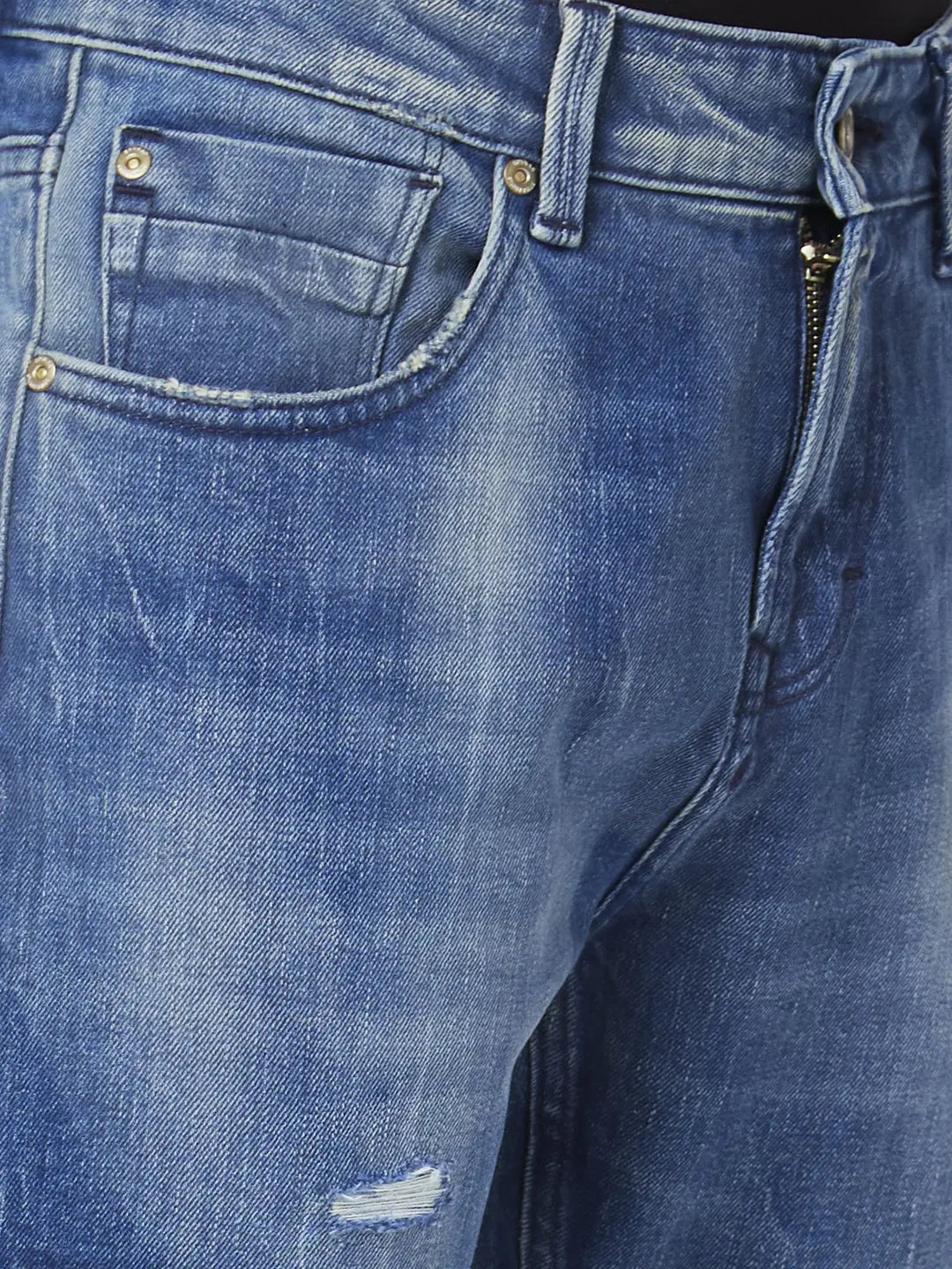 Spykar Men Mid Blue Cotton Slim Fit Narrow Length Mild Distressed Low Rise Jeans (Skinny)