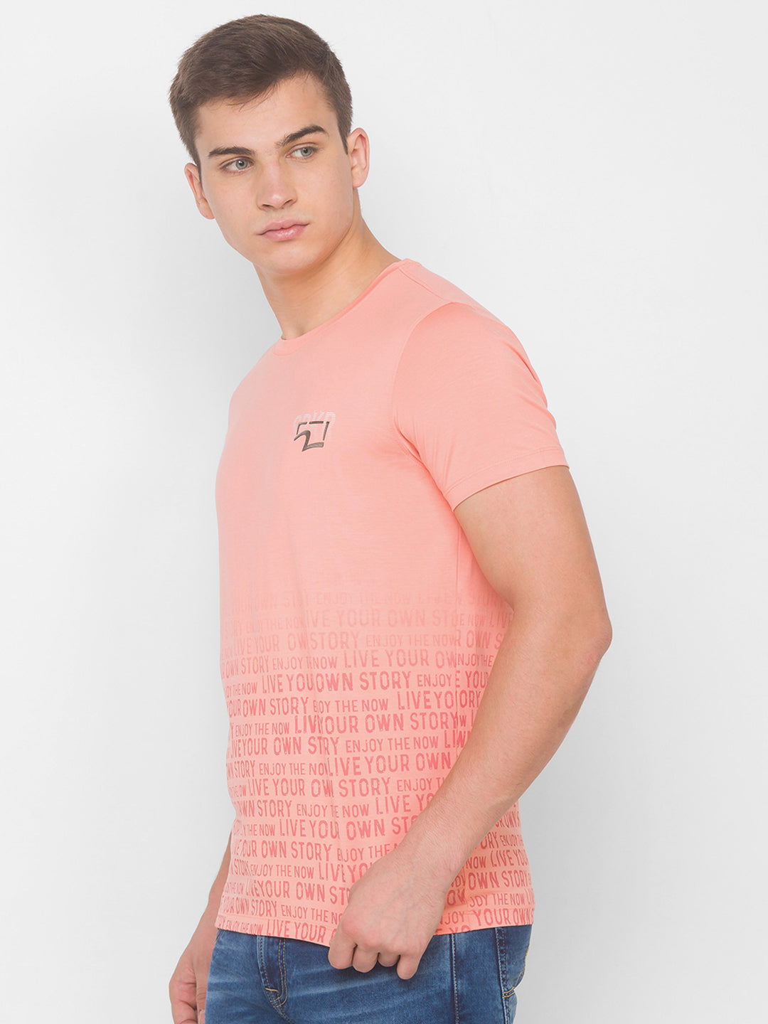 Spykar Men Peach Blended T-Shirt (Slim)