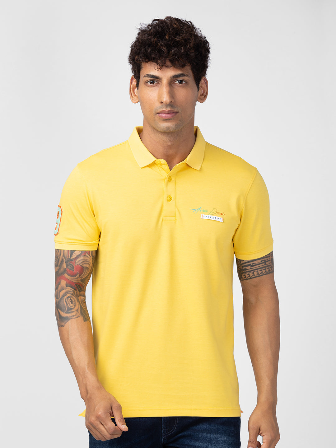 Spykar Men Yellow Cotton Regular Fit Half Sleeve Plain Polo T-Shirt