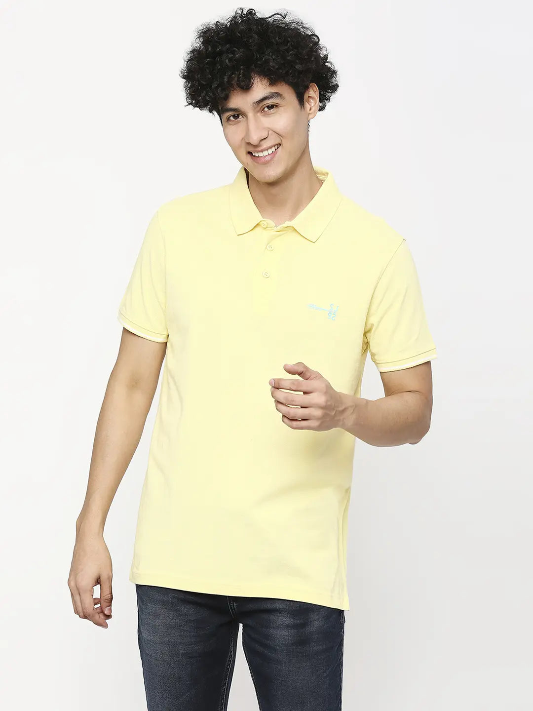 Spykar Men Butter Yellow Cotton Slim Fit Plain Polo Neck Tshirt