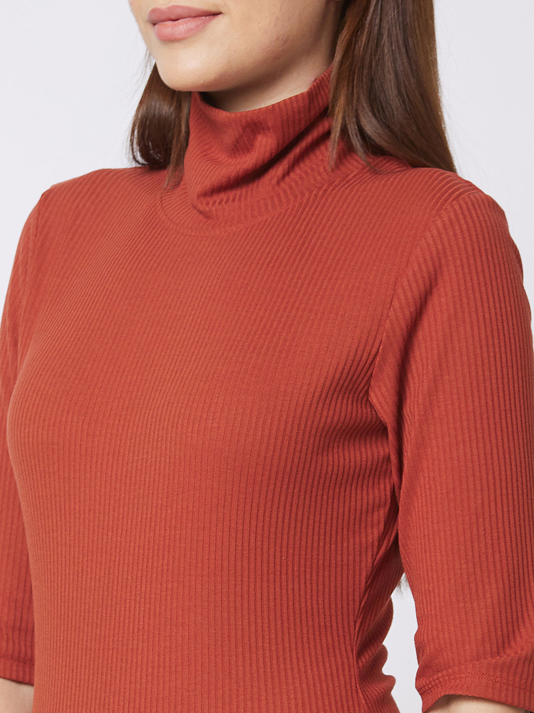 Spykar High Neck 3/4Th Sleeve Orange Solid T-Shirt For Women