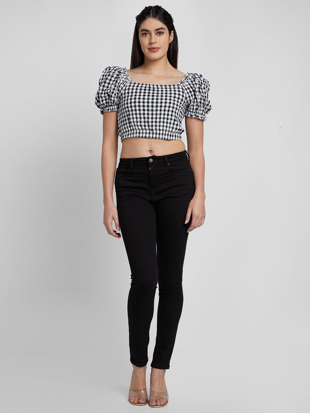 Spykar Women Black Lycra Slim Fit Checkred Crop Top