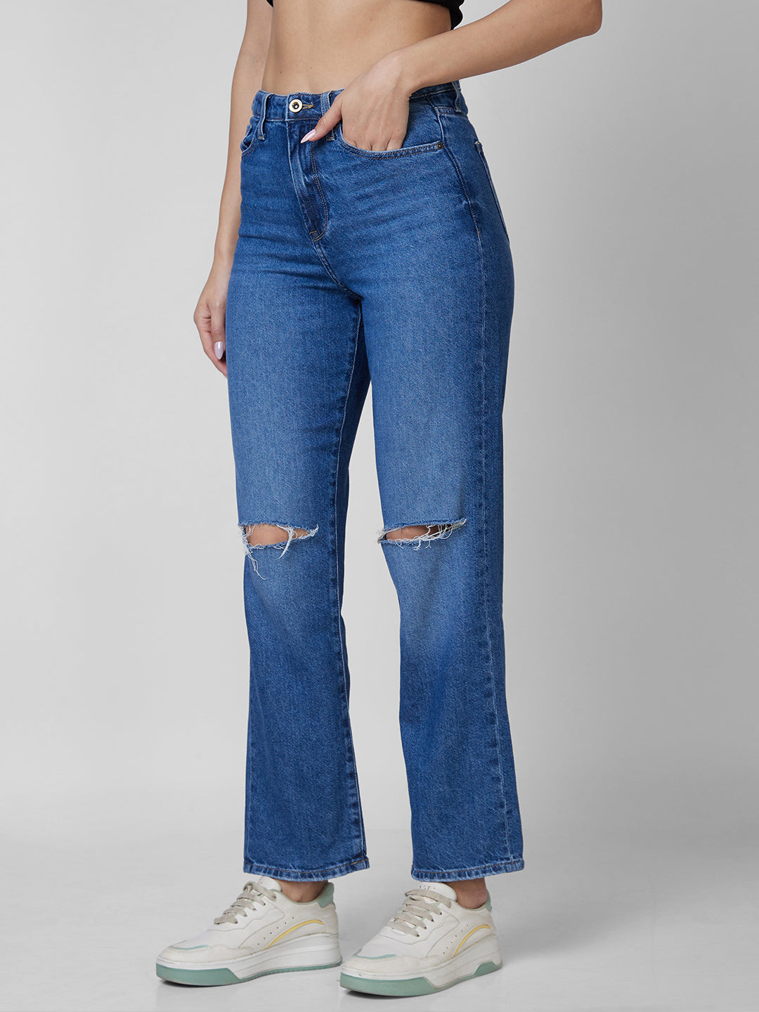 Spykar High Rise  Straight Fit Blue Jeans For Women