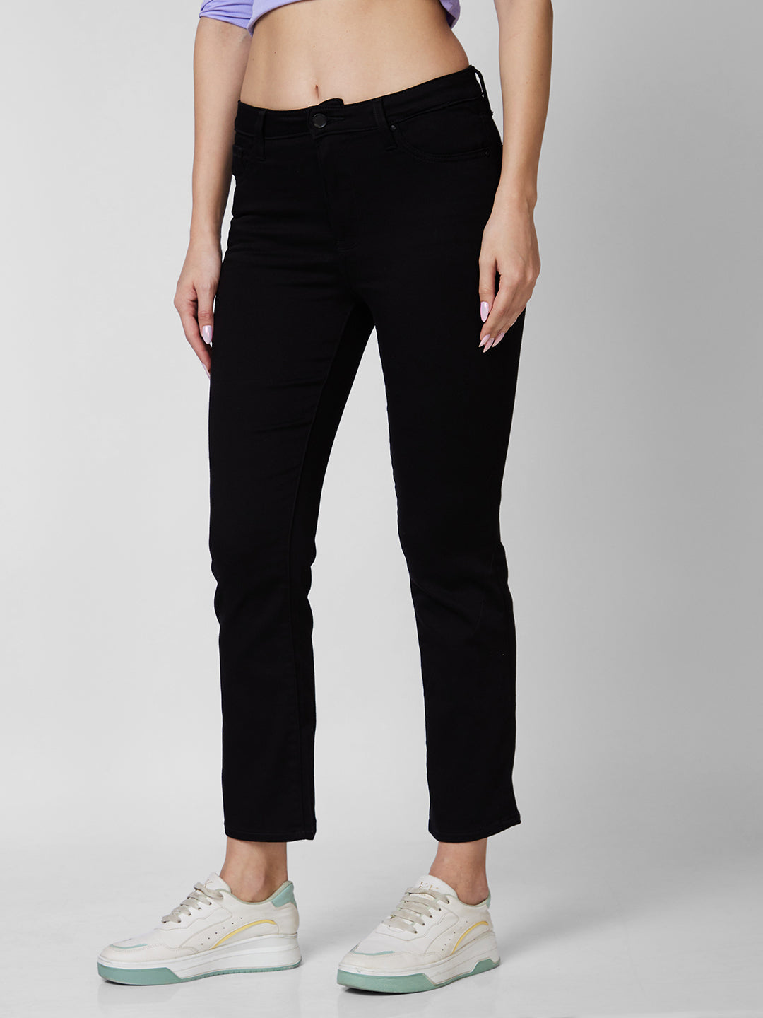 Spykar Mid Rise Slim Straight Fit Black Jeans For Women