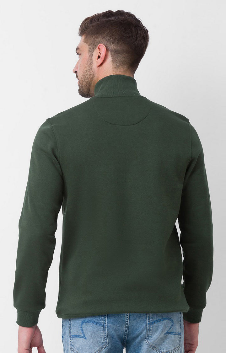 Spykar Bottle Green Cotton Full Sleeve High Neck Sweatshirt For Men