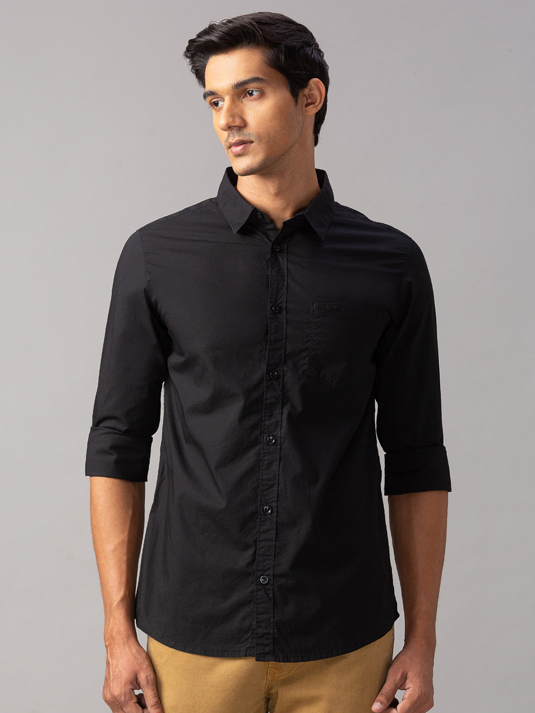 Spykar Men Black Cotton Slim Fit Shirt