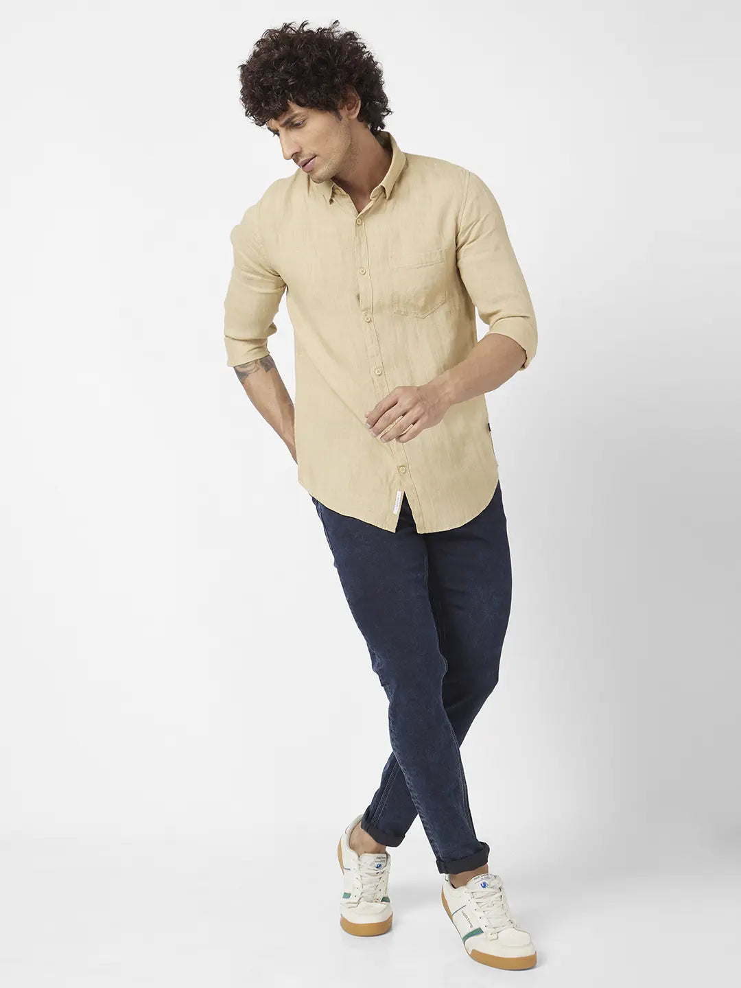 Spykar Men Camel Khaki Linen Regular Slim Fit Full Sleeve Plain Shirt