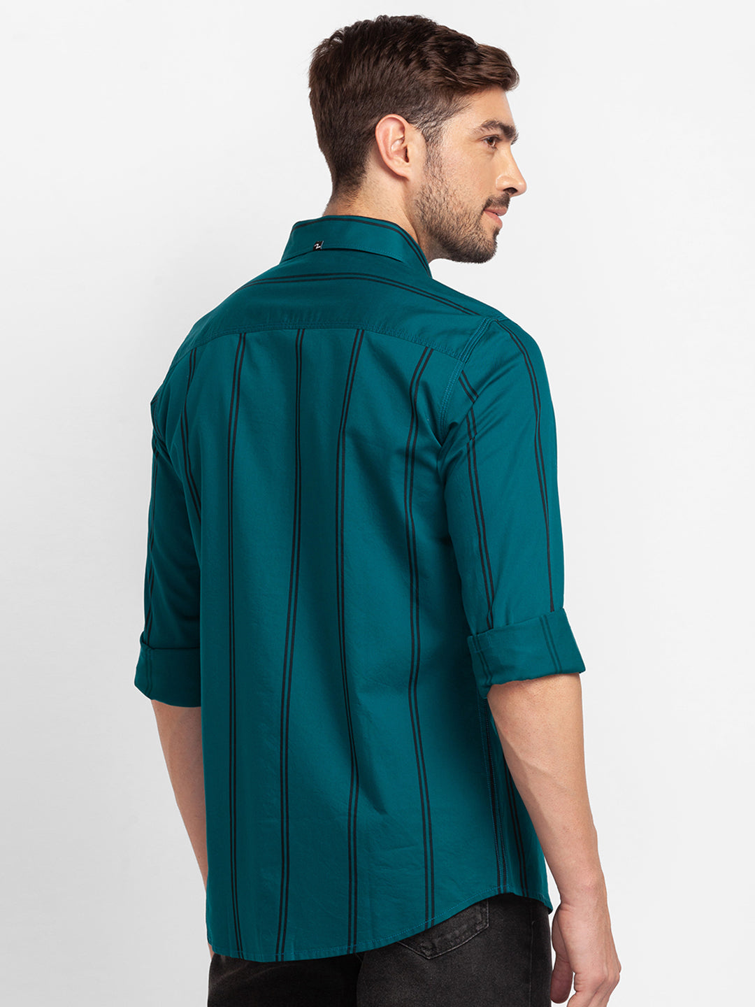 Spykar Sporty Green Cotton Full Sleeve Stripes Shirt For Men