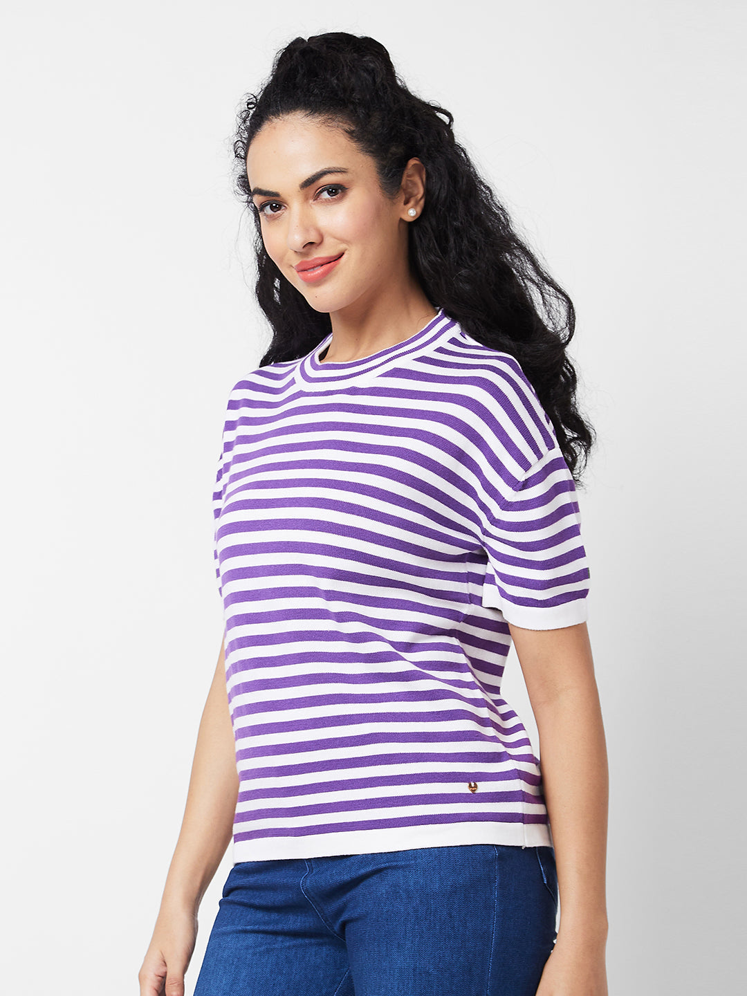 Spykar Purple ROUND NECK Flat Knit T-shirt For Women