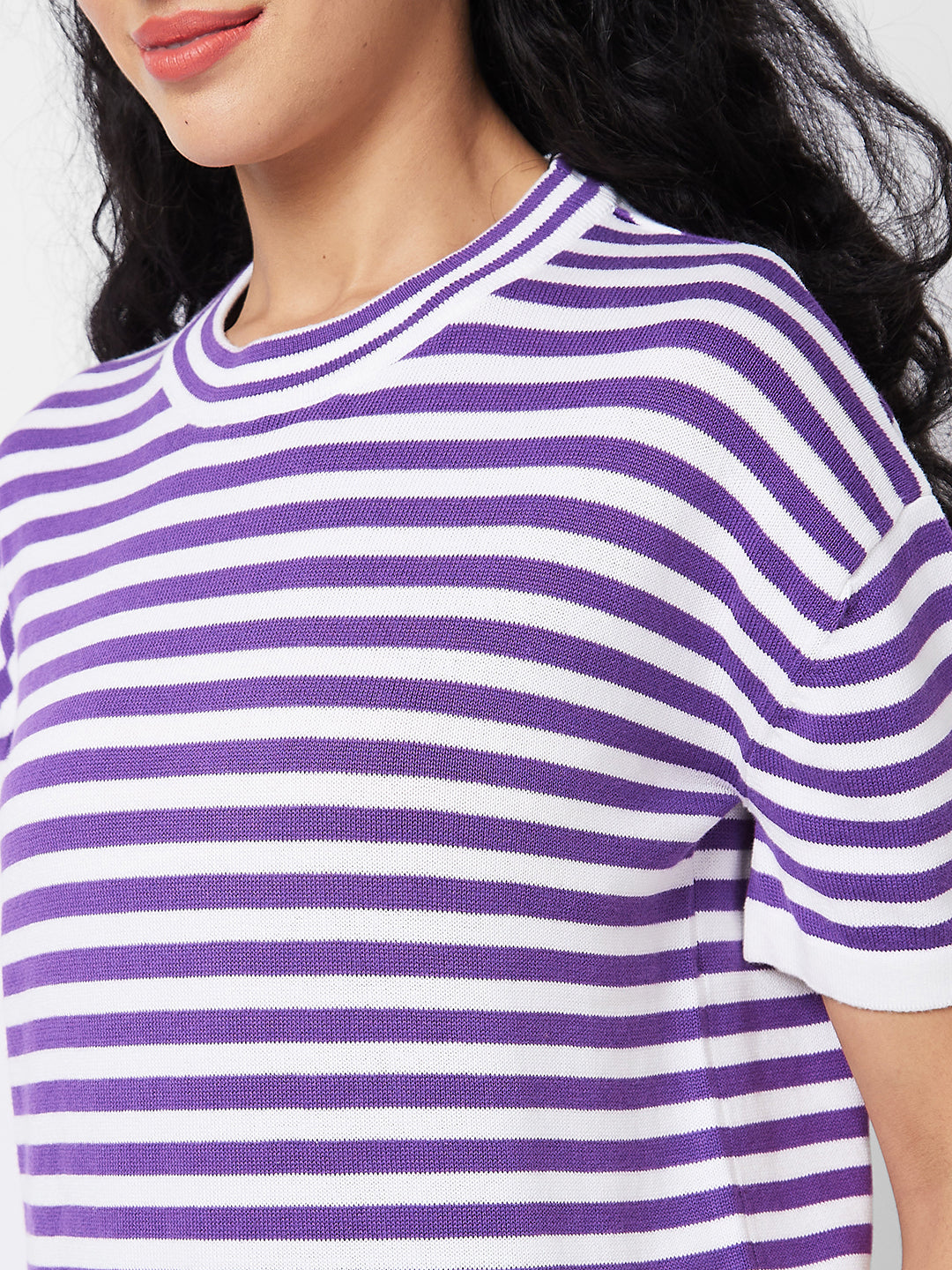 Spykar Purple ROUND NECK Flat Knit T-shirt For Women