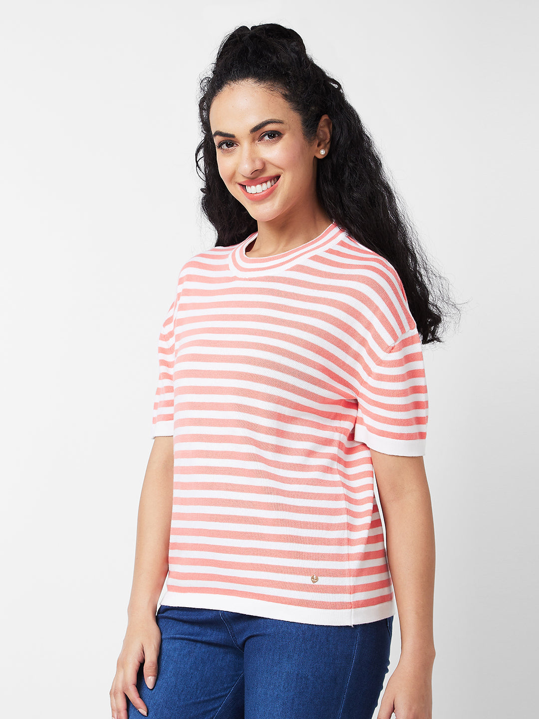 Spykar PINK ROUND NECK Flat Knit T-shirt For Women