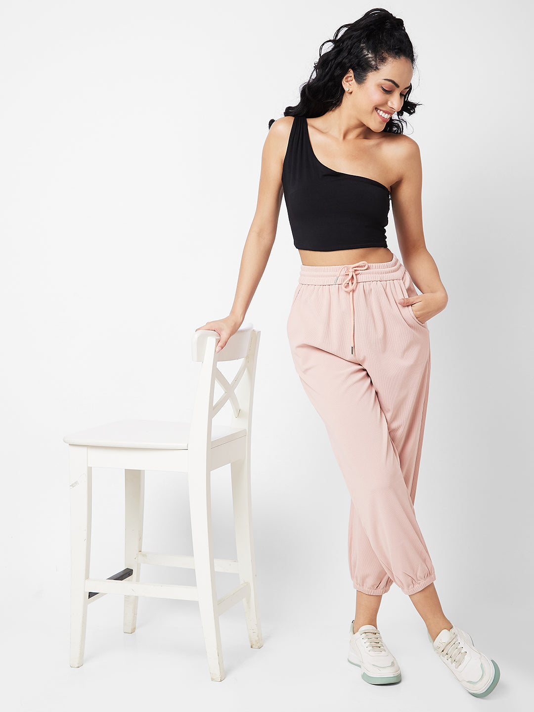 Spykar Jogger Fit Pink Knits Track Pants For Women