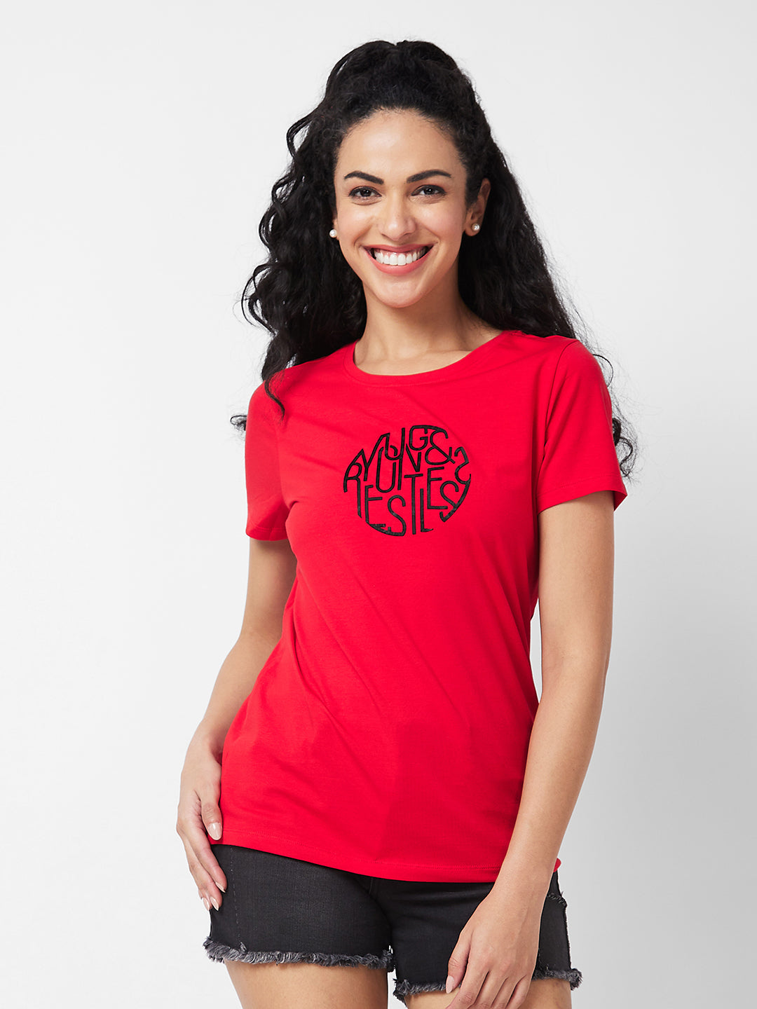 Spykar Round Neck Half Sleeves Red T-shirt  For Women