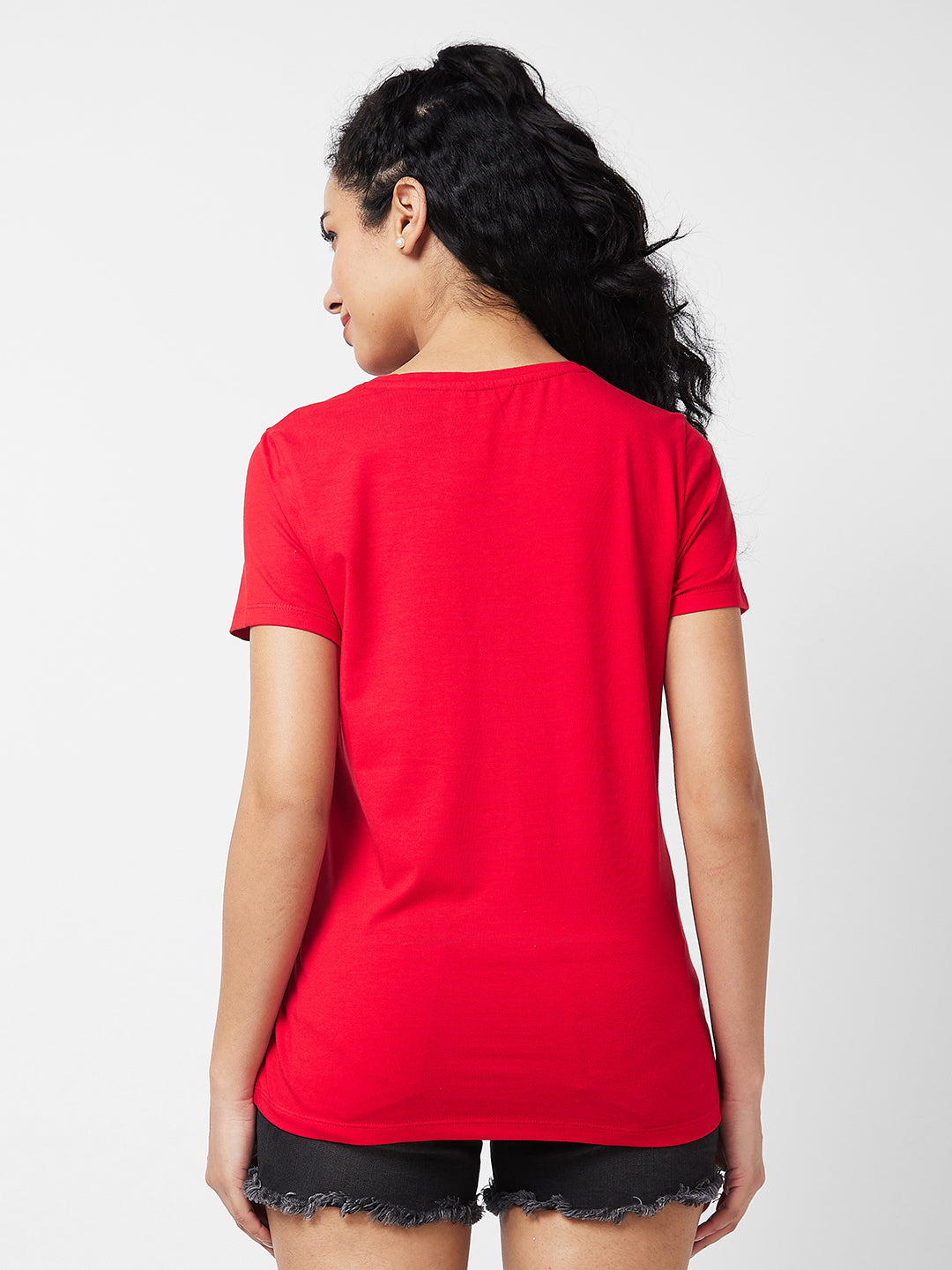 Spykar Round Neck Half Sleeves Red T-shirt  For Women