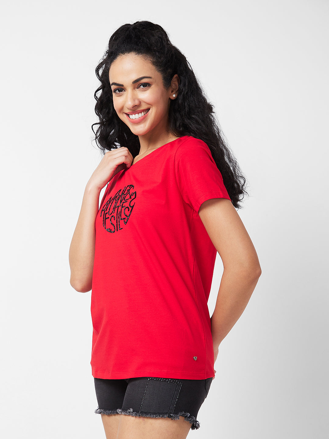 Spykar Round Neck Half Sleeves Red T-shirt  For Women